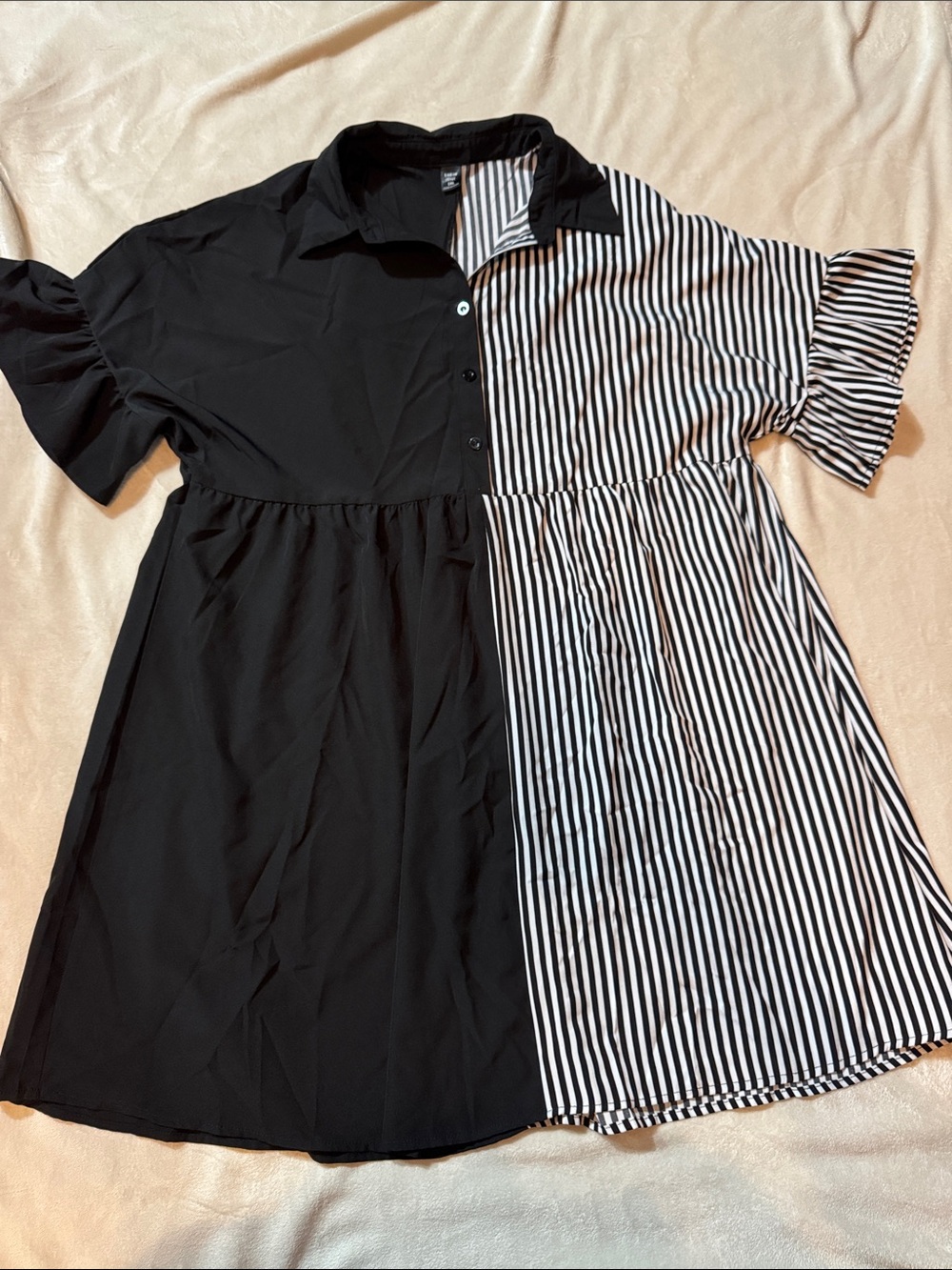 SHEIN Black & White Half-Stripe Panel Shirt Dress